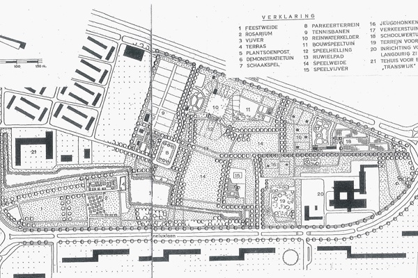 Park Transwijk 1965. Ontworpen door de Utrechtse afdeling Plantsoenen, met B.J. Galjaard als hoofdontwerper.
