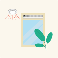 Plafondrooster voor ventilatie boven een raam, met luchtstromen die naar beneden worden afgevoerd
